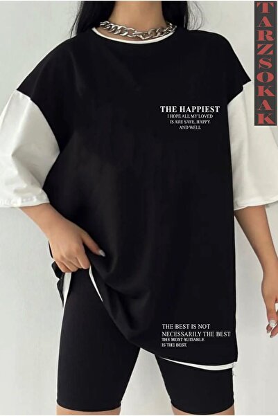 Tarzsokak Tricou unisex negru supradimensionat dublă culoare HAPPİEST TEXT im...