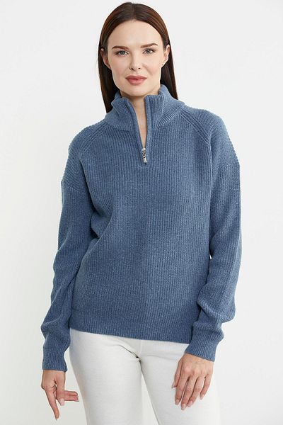 Sementa Pulover din tricot cu fermoar pe jumătate cu gât țesut - Albastru închis