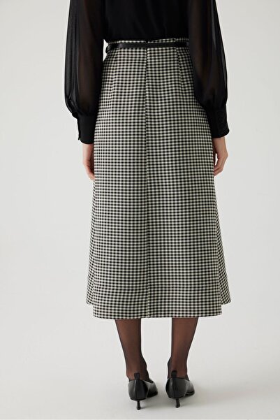 Exquise Gingham Patterned Belted Regular Midi Skirt - A-Line