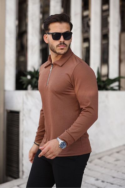 ROBERTO BORNOVA Fit Molded Brown πουλόβερ κορμάκι - Μακρύ μανίκι, μισό φερμουάρ, λεπτή λύκρα
