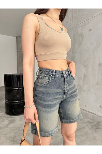 BİKELİFE Damen Jeansshorts mit hoher Taille und Snow-Washing-Effekt