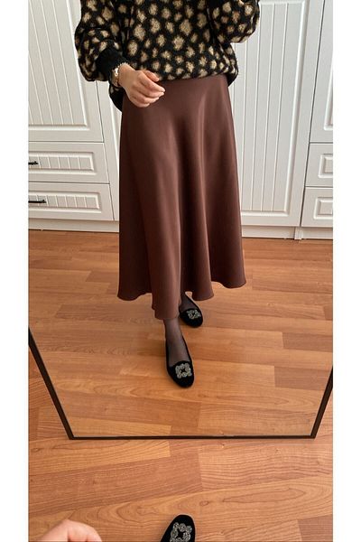 TEKSTİLCİ Πικρό καφέ μεταξωτή σατέν φούστα