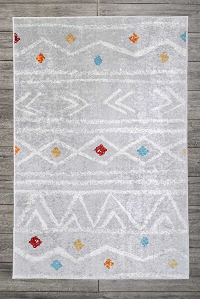 Oriente Home Iskandinav Desenli Gri Multirenk Kadife Halı Yıkanabilir Kaymaz Taban Yolluk Koridor Halısı 7726