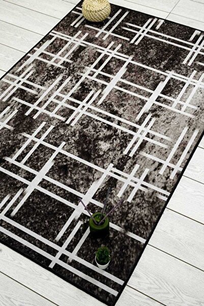 Oriente Home Bohemian Patterned Black and White Washable Non-Slip Base Velvet Runner Hallway Carpet 7521