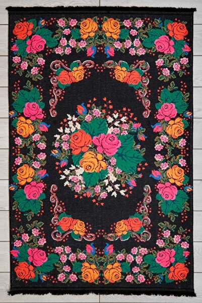 Oriente Home Karabağ Desenli Siyah Şönil Makina Halısı Yıkanabilir Saçaklı Ka...