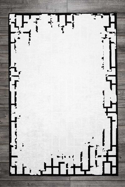 Oriente Home Bordür Desenli Beyaz Siyah Kadife Halı Yıkanabilir Kaymaz Taban ...