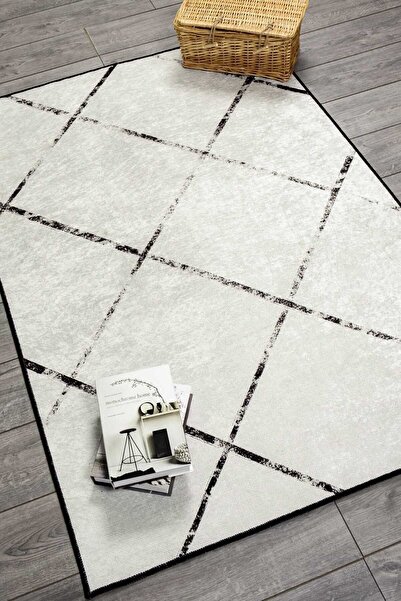 Oriente Home Çarpı Desenli Modern Kadife Halı Beyaz Siyah Yıkanabilir Kaymaz ...