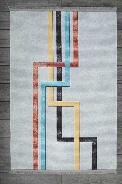 Oriente Home Modern Geometrik Desenli Halı Gri Yıkanabilir Saçaklı Kaymaz Tab...