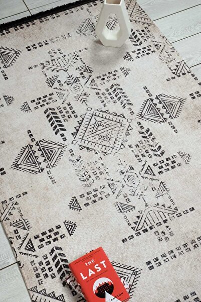 Oriente Home Scandinavian Patterned Beige Black Chenille Machine Carpet Runner Washable Hallway Carpet 7733