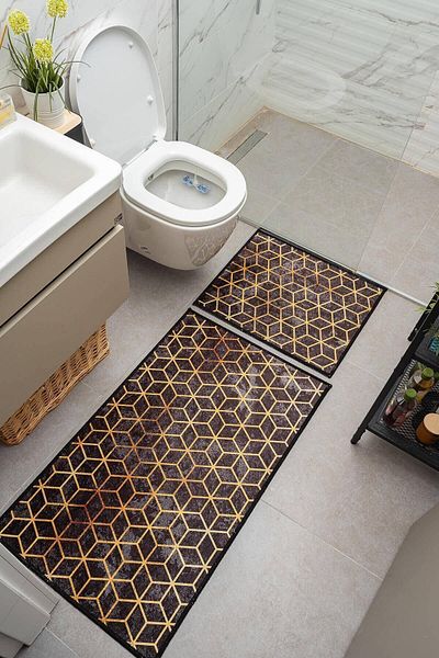 Oriente Home Honeycomb Patterned Brown Gold Non-Slip Base Washable Velvet 2-Piece Bath Mat 8725