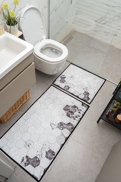 Oriente Home Honeycomb Patterned White Brown Non-Slip Base Washable Velvet 2-Piece Bath Mat 8722