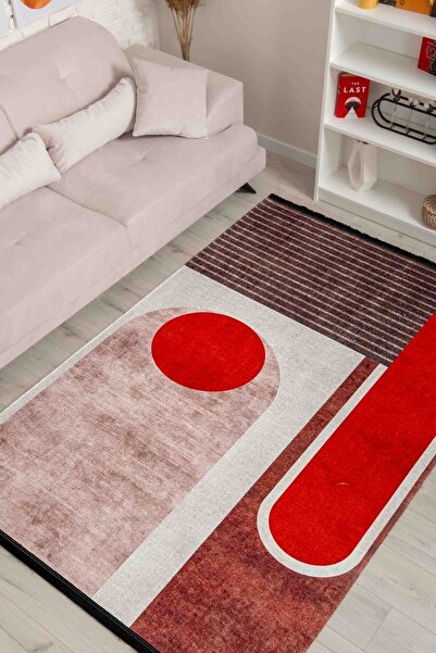 Oriente Home Modern Desenli Krem Kırmızı Şönil Makina Halısı Yıkanabilir Saça...