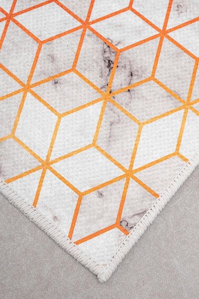 Oriente Home Honeycomb Patterned White Orange Non-Slip Base Washable Velvet 2-Piece Bath Mat 8704