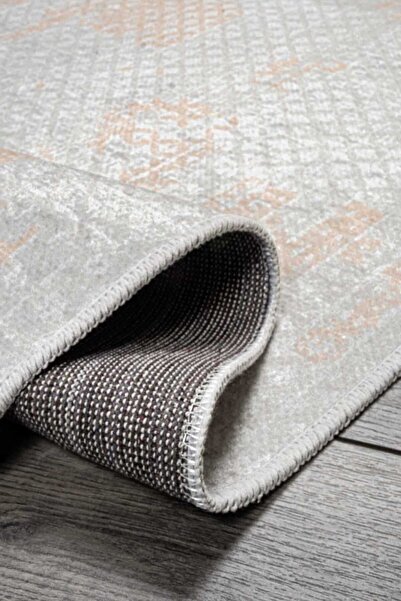 Oriente Home Bohemian Patterned Gray Cream Washable Non-Slip Base Velvet Runner Hallway Carpet 7567