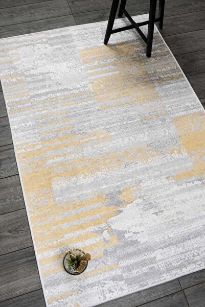 Oriente Home Bohemian Patterned Gray Yellow Velvet Carpet Washable Non-Slip Base Runner Hallway Carpet 7903
