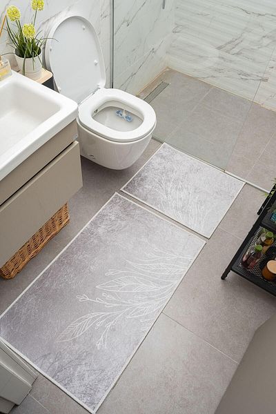 Oriente Home Flower Patterned Gray Non-Slip Base Washable Velvet 2-Piece Bath Mat 8710