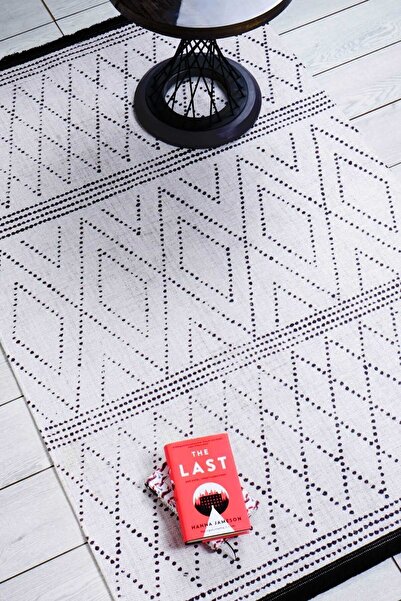 Oriente Home Scandinavian Patterned Black and White Chenille Machine Carpet Runner Washable Hallway Carpet 7761