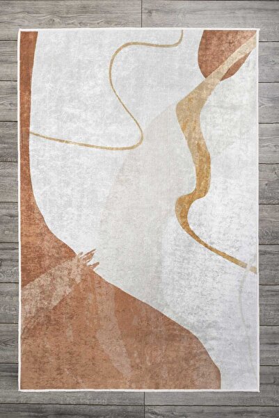 Oriente Home Modern Desenli Kadife Halı Bej Bakır Rengi Yıkanabilir Kaymaz Ta...