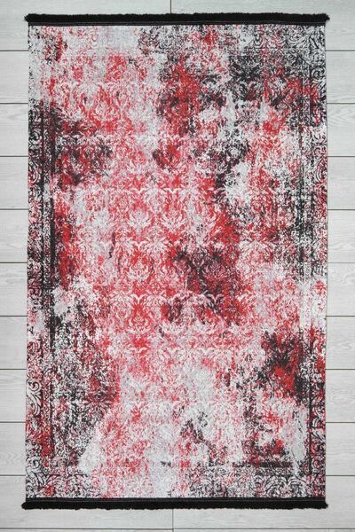 Oriente Home Bohemian Patterned Red Chenille Machine Washable Fringed Non-Sli...