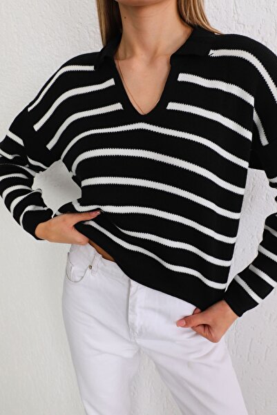 BİKELİFE Women's Polo Neck White Striped Knitwear Sweater