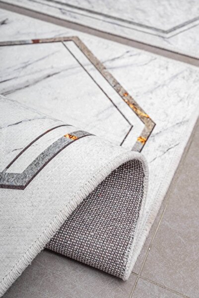 Oriente Home Geometric Patterned Gray Non-Slip Base Washable Velvet 2-Piece Bath Mat 8724