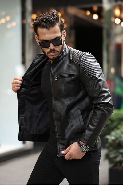 gm giyimarket Μαύρο ανδρικό δερμάτινο μπουφάν Slim Fit