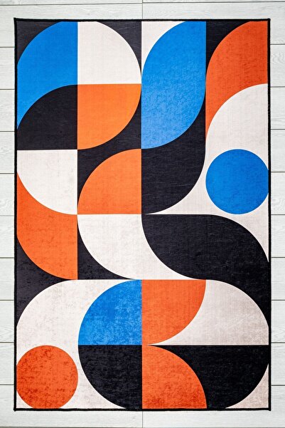 Oriente Home Geometrik Desenli Beyaz Siyah Turuncu Çocuk Halısı Anti-bakteriy...