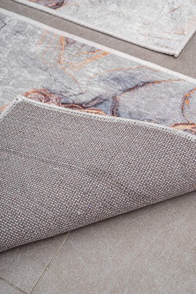 Oriente Home Modern Patterned White Non-Slip Base Washable Velvet 2-Piece Bathroom Mat 8718