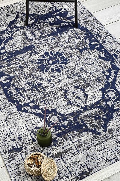 Oriente Home Klasik Yıkanabilir Şönil Makina Halısı Saçaklı Kaymaz Taban Mavi Salon Halısı 7427