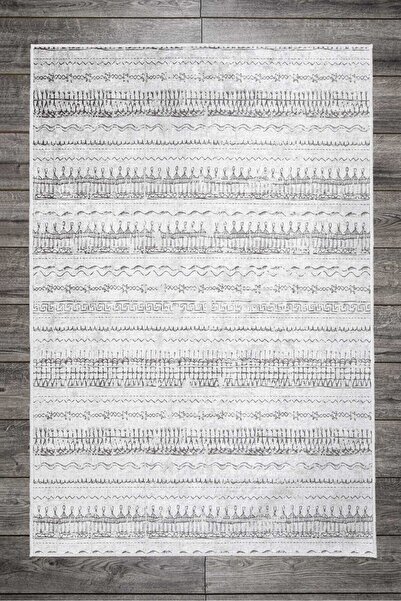 Oriente Home Scandinavian Patterned White Gray Washable Non-Slip Base Velvet Runner Hallway Carpet 7788