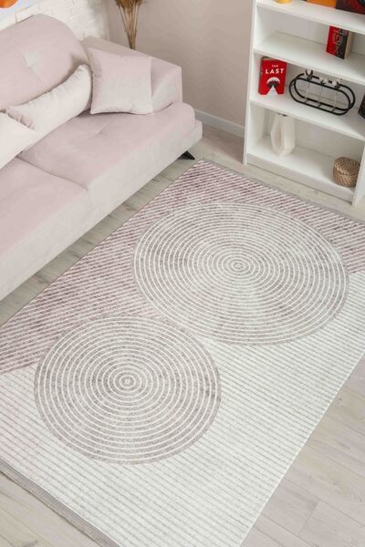 Oriente Home Çizgi Desenli Beyaz Bej Şönil Makina Halısı Yıkanabilir Saçaklı ...