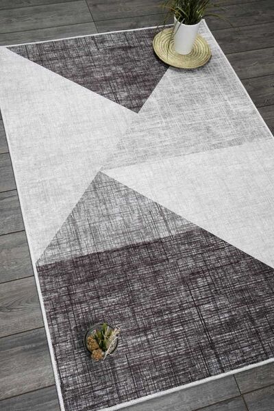 Oriente Home Geometrik Desenli Antrasit Gri Kadife Halı Yıkanabilir Kaymaz Ta...