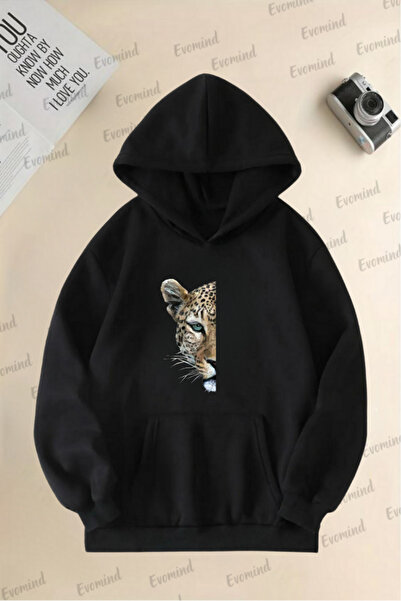Evomind سويت شيرت بقلنسوة كبير الحجم للبالغين والأطفال مطبوع عليه نمر