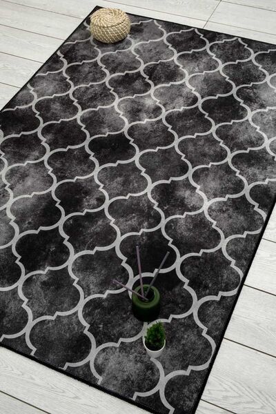 Oriente Home Bohemian Patterned Black Gray Washable Non-Slip Base Velvet Runner Hallway Carpet 7525
