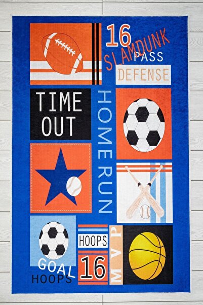 Oriente Home Sports Desenli Mavi Çocuk Halısı Anti-bakteriyel Kaymaz Taban Ka...