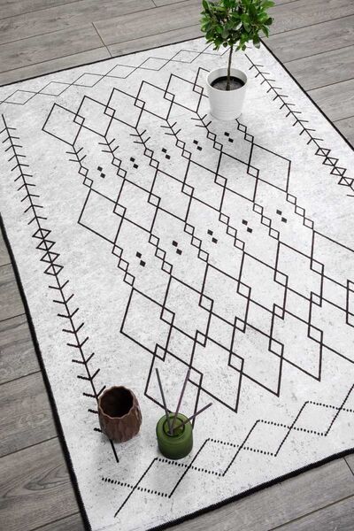 Oriente Home Iskandinav Desenli Kadife Halı Beyaz Siyah Yıkanabilir Kaymaz Ta...
