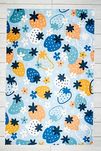 Oriente Home Çilek Desenli Açık Mavi Çocuk Halısı Anti-bakteriyel Kaymaz Taba...