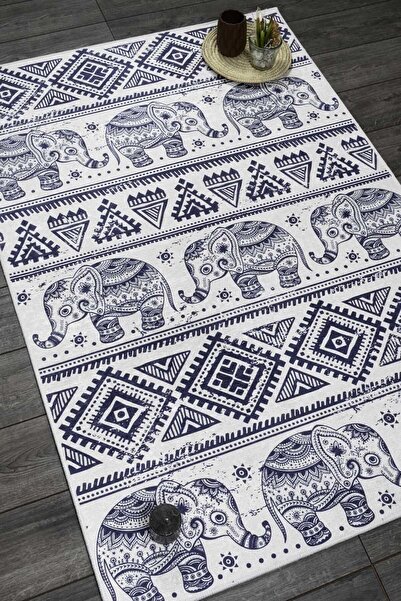 Oriente Home Elephant Patterned Blue White Velvet Carpet Washable Non-Slip Base Runner Hallway Carpet 7772