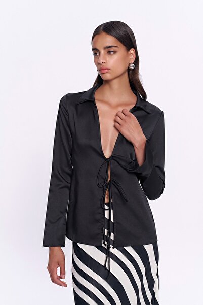 Quzu Satin Blouse - Black, Tie-Front Low-Cut