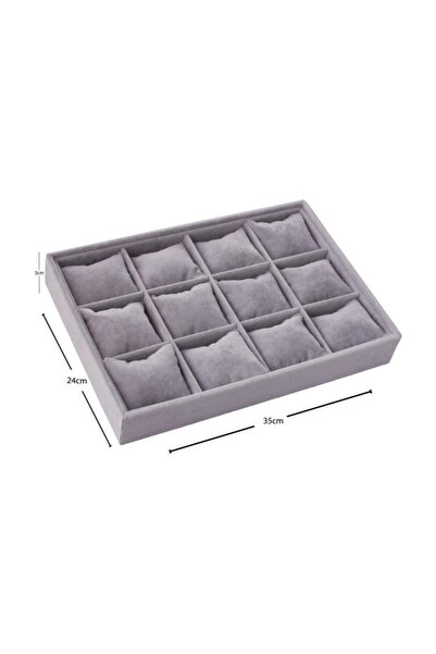 kutuveaksesuar Saat Bileklik Tablası Kadife Kumaş Kaplama Yastıklı Gri