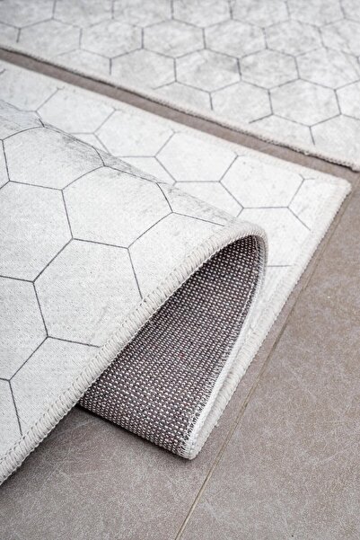 Oriente Home Honeycomb Patterned Gray Non-Slip Base Washable Velvet 2-Piece Bath Mat 8708