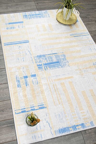 Oriente Home Bohemian Patterned Gray Blue Beige Velvet Carpet Washable Non-Slip Base Runner Hallway Carpet 7906