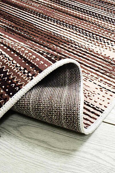 Oriente Home Χαλί διάδρομου με γραμμικό σχέδιο καφέ κρέμα που πλένεται με αντιολισθητική βάση βελούδο 7974