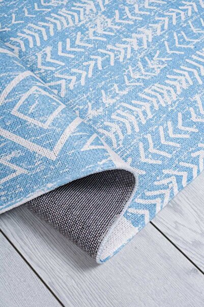 Oriente Home Scandinavian Patterned Light Blue Runner Washable Entrance Chenille Hallway Carpet 7727