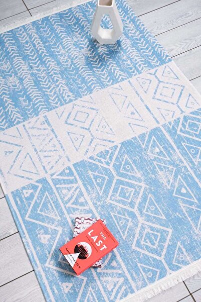 Oriente Home Scandinavian Patterned Light Blue Runner Washable Entrance Chenille Hallway Carpet 7727