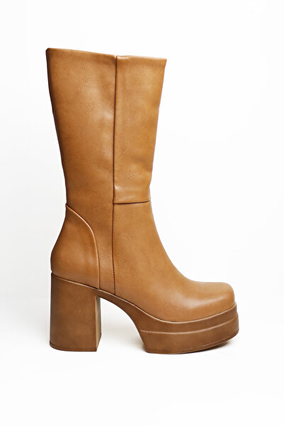 inroen Içi Tüylü Küt Burun Platform Kalın Topuklu Kadın Çizme Taba