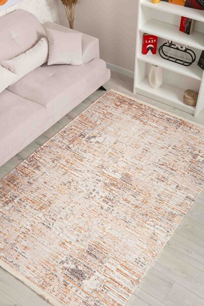 Oriente Home Soyut Desenli Açık Vizon Şönil Makina Halısı Yıkanabilir Saçaklı Kaymaz Taban Antre Halısı 8336
