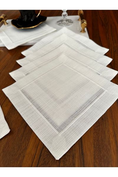 NURHAN HOME COLLECTION 6 Pieces Pico Embroidered Ecru Color Cocktail Serving Napkin