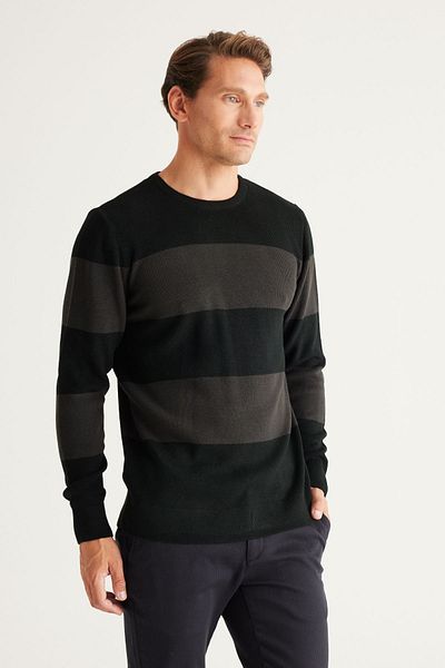 AC&Co / Altınyıldız Classics Schwarz-Anthrazit Strickpullover für Herren mit normaler Passform und Rundhalsausschnitt