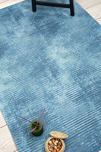 Oriente Home Modern Soft Desenli Mavi Yıkanabilir Şönil Dokuma Saçaklı Kaymaz Taban Salon Mutfak Halısı 8106